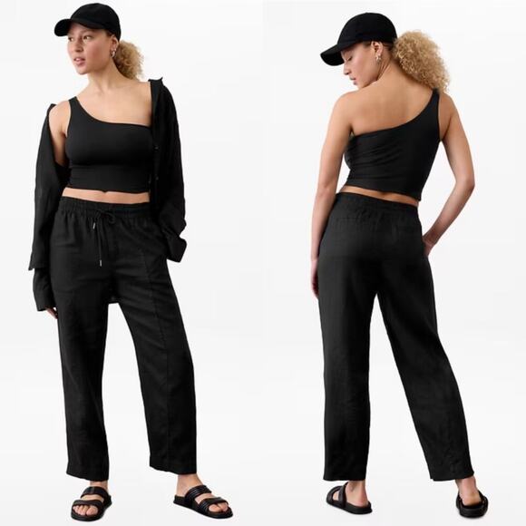 Athleta Pants Womens Medium Petite Black Retreat Linen High Rise Ankle Travel - Picture 1 of 13